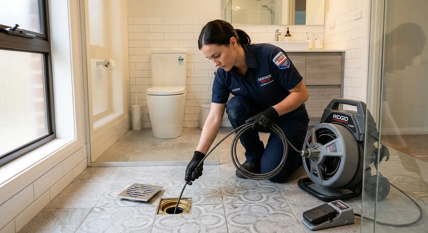 Technician clearing a bathroom floor drain for Sewer Line Replacement in Columbia